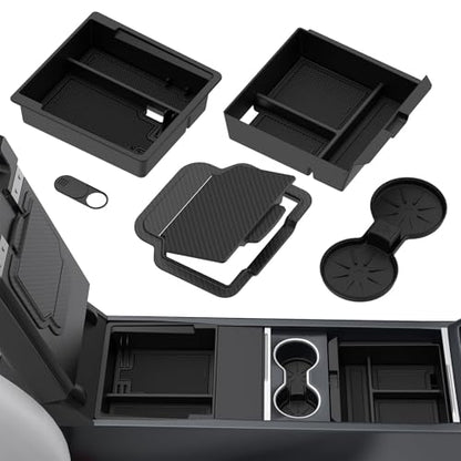 5-PCS Center Console Organizer for Tesla Model Y Juniper 2025-2026 & Model 3 Highland 2024-2026 Accessories – Sliding Tray, Hidden Storage, Cup Holder, Camera Cover, Noise-Reducing, Easy Install