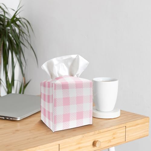 Tissue Box Cover Holder - Pink and White Plaid PU Leather Tissue Box Cover with Bottom Belt, Square Facial Paper Organizer Dispenser for Tabletop, Bathroom, Kitchen, Car & Office -027 - color: Pink and White Plaid