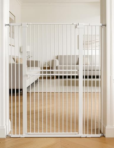 No Pawblems 55" Extra Tall Pet Gate for Cat/Dog, 31.5-48" Wide Auto Close Tall Cat Gate with 25.6" Wide Walk-Thru Door Opening, 1.37" Ultra Narrow Spacing, NO Drilling Pressure Mounted, White - color: White - S10, size: 55" Tall, 31.5-48" Wide