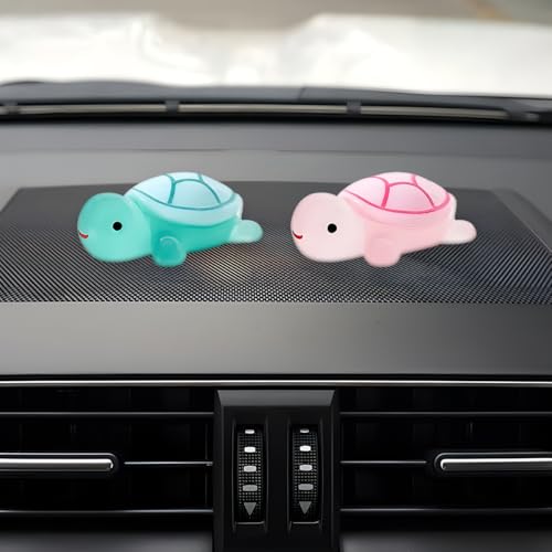 2PCS Cute Tortoise Car Dashboard Ornament, Luminous Turtle Auto Rear View Accessories, Mini Resin Figurine Center Console Decoration for Car Interior, Home, Desk, Garden (Blue Green/Pink) - color: Blue Green/Pink
