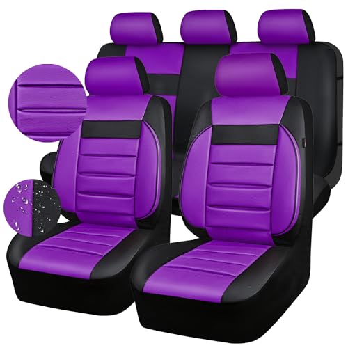 CAR PASS Leather Seat Covers Full Set Universal Water Resistant 3D Foam Back Support, Luxury Comfort Automotive 5 Seat Covers All Season Fit for SUV,Sedan,Van, Airbag Compatible Elegance(Purple Black) - color: Black and Purple