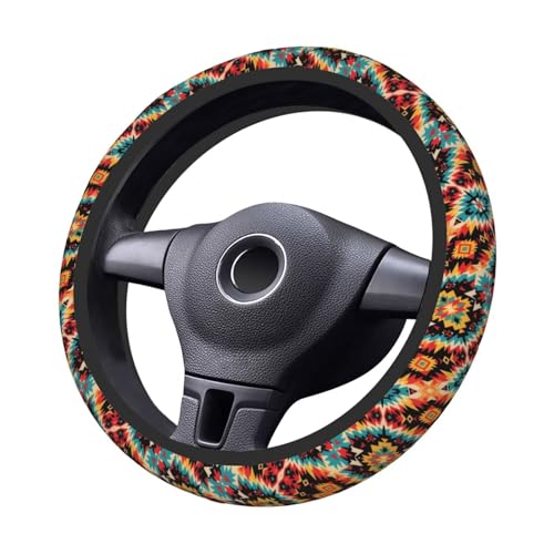 Southwest Boho Aztec Tribal Steering Wheel Cover - Universal 15 Inch, Brown Western Car Steering Wheel Covers Protector Saddle Blanket, Mandala - color: Southwest