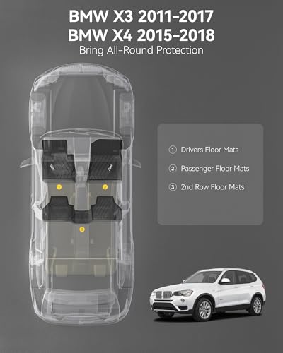 3W Floor Mats Compatible for BMW X3 F25 2011-2017 / BMW X4 2015-2018 xDrive28i/28d/35i/M40i Custom Fit TPE All Weather Floor Liner for 1st and 2nd Row Full Set Car Mats, Black - style: 2) X3 2011-2017 | Floor Mats