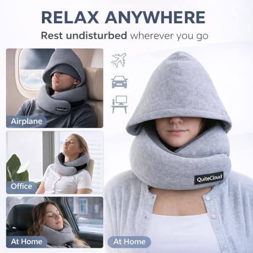 Travel Neck Pillow Hooded Memory Foam 360° Head & Chin Support, Lightweight Breathable Adjustable Fit Travel Neck Pillow with Eye Mask, Earplugs & Carry Bag for Airplanes, Car, Bus, Train & Long Trips