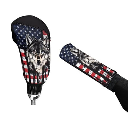 Wolf American Flag Printed 2 Pcs Car Handbrake Cover and Gear Shift Protector Sets for Women and Men, Soft Stretchy Car Handbrake Protector and Gear Shift Knob Cover, Universal Fits - color: Black and Red - Wolf American Flag