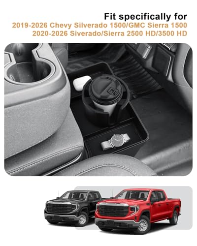 Center Console Tray For 2019-2026 Chevy Silverado/GMC Sierra 1500 & 2020-2026 Silverado/Sierra 2500 HD/3500 HD - Double Layer Storage Tray With Removable Cup Holder - Only Fit Split-Bench Front Seat - size: 2019-2026 Silverado/Sierra Oragnizer+Cup Holder