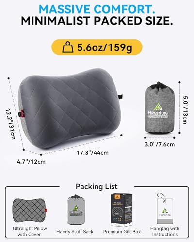 Hikenture Camping Pillow with Removable Cover - Ultralight Inflatable Pillow for Neck Lumbar Support - Upgrade Backpacking Pillow - Washable Travel Air Pillows for Camping, Hiking, Backpacking