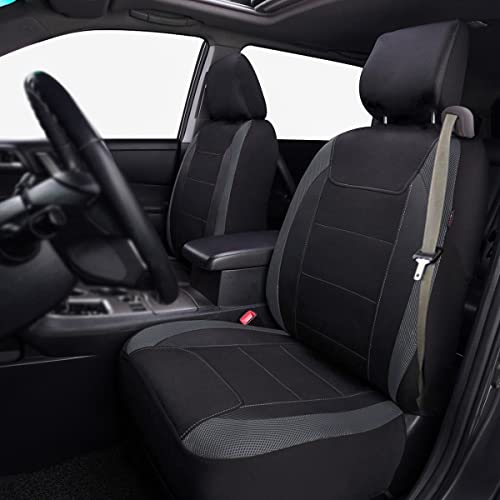 Flying Banner car seat Covers Quality Carbon Fiber Air Mesh Fabric Sport Low High Back Bucket Back Pocket Arm Rest (2 Fronts-Low Bucket-Built-in Seatbelt Compatible, Gray) - color: Gray -- Built-in Seatbelt Compatible, size: 2 Fronts--Low Bucket--Built-in