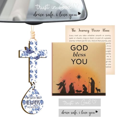 Cross for Car Mirror Hanging Christian Gifts for Men, Women - Scan Phone for Daily Bible Verse Car Rearview Decor Accessories, Rearview Mirror Faith Gift for Women, Butterfly Rose Design