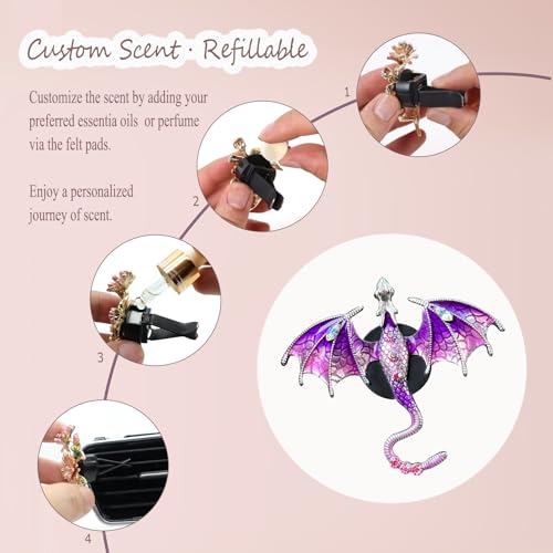 ORIESSE Bling Wyvern Car Air Freshener Vent Clips,2pcs Alloy Purple Enamel Dragon Vent Clips Car Accessories,Refillable Car Diffuser with Felt Mads,Coffee Fragrance Tablets