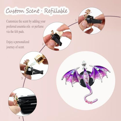 ORIESSE Bling Wyvern Car Air Freshener Vent Clips,2pcs Alloy Purple Enamel Dragon Vent Clips Car Accessories,Refillable Car Diffuser with Felt Mads,Coffee Fragrance Tablets
