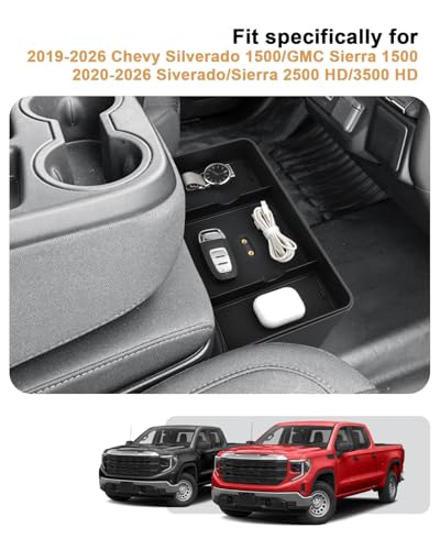 ECOZEN Center Console Tray For 2019-2026 Chevy Silverado/GMC Sierra 1500 & 2020-2026 Silverado/Sierra 2500 HD/3500 HD Accessories - Double Layer Hanging Storage Tray - Only Fit Split-Bench Front Seat - size: 2019-2026 Silverado/Sierra Organizer