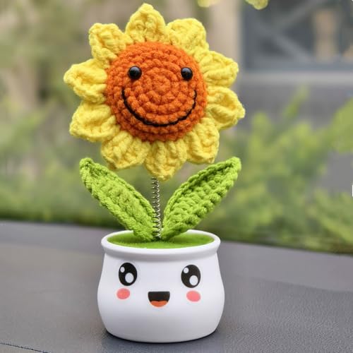 Levvohd Crochet Sunflower Gifts for Women, Artificial Sun Flower for Office Desk Car Dashboard Decor, for Women Birthday (1 Sunflower - S) - color: Smiley Face-s
