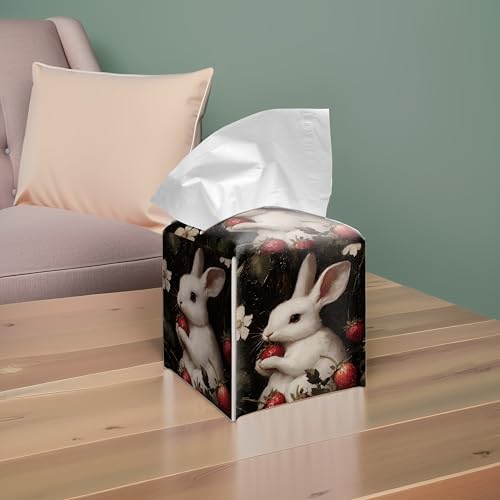 Spring Rabbit 5.2-Inch Square PU Leather Tissue Box Cover – Easter Bunny Art, Hand-Stitched, Removable Liner, Bathroom, Bedroom, Living Room, Office, Car - color: Rabbit