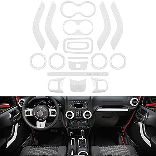 E-cowlboy 18 PCS Full Set Interior Decoration Trim Kit Steering Wheel Center Console Door Handle Air Conditioning Vent Cup Holder Gear Cover Trim for Jeep Wrangler JK JKU 2011-2018 4-Door (White) - color: White