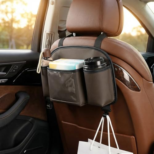3 in 1 Car Back Seat Organizer with Cup Holder & Hook, Multifunctional Car Seat Back Storage Box for Hold Phone Drinks Handbag, Travel Accessory Auto Interior Organizer with Tissue Box (Brown) - color: Brown
