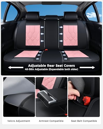 Huidasource Seat Covers Full Set, Universal Fit for Most Cars SUV Trucks, Full Coverage Leather Seat Cover, Airbag, Cupholder Compatible, Seat Function Retain, Easy Install with Velcro, Black & Pink - color: FS: Black&Pink, size: Full Set