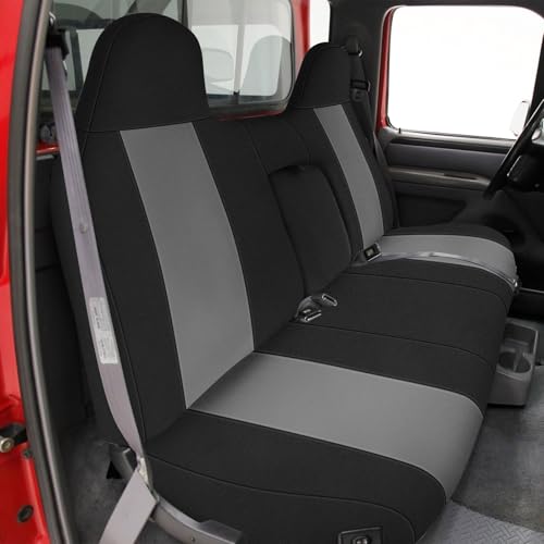 Truck Seat Cover Compatible with 1993-1998 Ford Truck Regular XCab Crew Cab, Front Solid Bench Seat with Molded Headrests and Integrated Center Armrest Seat Cover - color: Black and Charcoal