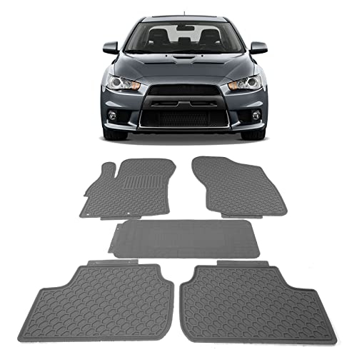 IKON MOTORSPORTS, Custom Fit Floor Mats Compatible with 2008-2017 Mitsubishi Lancer, Gray/Grey Latex Rubber All Weather Car Auto Carpets Liner 5PC Protector, 2009 2010 2011 2012 2013 2014 2015 2016