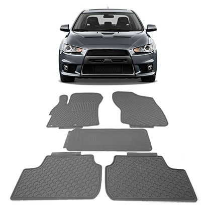 IKON MOTORSPORTS, Custom Fit Floor Mats Compatible with 2008-2017 Mitsubishi Lancer, Gray/Grey Latex Rubber All Weather Car Auto Carpets Liner 5PC Protector, 2009 2010 2011 2012 2013 2014 2015 2016