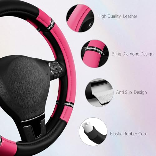 Road Comfort Leather Steering Wheel Cover – Premium Anti-Slip Car Steering Wheel Grip Cover – Universal Fit for 14.5”–15” Cars, Trucks & SUVs - Hotpink - color: Hotpink
