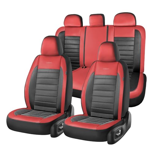 Coverado Car Seat Covers Full Set, Luxury Leather Car Seat Covers, Automotive Front and Rear Mesh Seat Covers, Full Set 5 Seats, Black Red Seat Covers for SUV Sedan Truck - color: Red&Black, size: FullSet