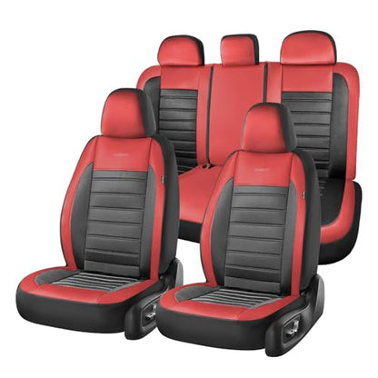 Coverado Car Seat Covers Full Set, Luxury Leather Car Seat Covers, Automotive Front and Rear Mesh Seat Covers, Full Set 5 Seats, Black Red Seat Covers for SUV Sedan Truck - color: Red&Black, size: FullSet