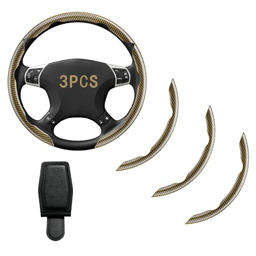 Steering Wheel Covers, Carbon Fiber Anti-Skid Clip on Car Steering Wheel Cover Protector 3PCs, with Magnetic Leather Sunglasses Holder for Car Visor, Yellow - color: YELLOW