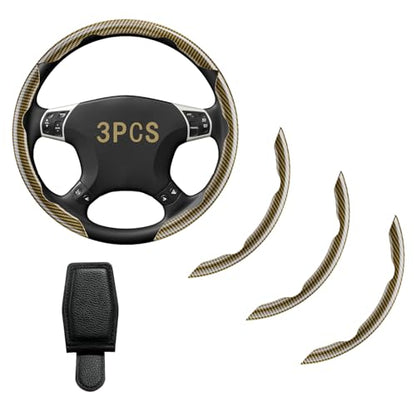 Steering Wheel Covers, Carbon Fiber Anti-Skid Clip on Car Steering Wheel Cover Protector 3PCs, with Magnetic Leather Sunglasses Holder for Car Visor, Yellow - color: YELLOW