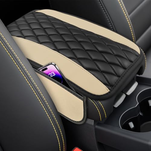 Car Center Console Cover, Anti-Slip Leather Car Armrest Decor Cushion with 2 Storage Bags, Double Color Auto Armrest Box Pad Cover, Universal Protective Cover for Cars Trucks SUV (Beige) - color: Beige