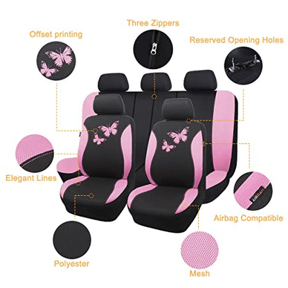 Flying Banner Butterfly car seat Covers ful Set Fashion Universal Lady Woman Female Rear Bench Split Colorized (Pink Black, Full Set) - color: Pink Black, size: Full set