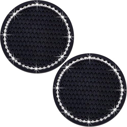 Car Cup Holder Coasters, 2.75 Inch, 2-Pack, for Women | Universal, Bling Crystal Rhinestone, Anti-Slip Silicone, Auto Interior Accessories