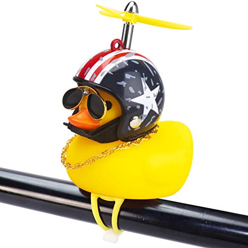 Rubber Duck Toy Car Ornaments Yellow Duck Car Dashboard Decorations Squeeze Duck Bicycle Horns with Propeller Helmet - color: Flag-Light