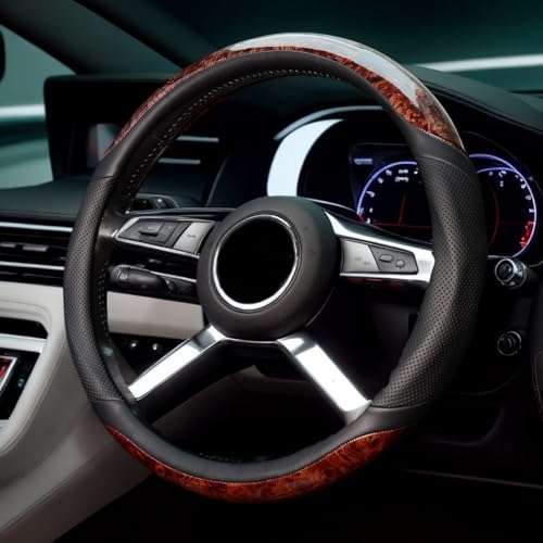 Wood Grain Steering Wheel Cover, Universal 14.5-15 inch Microfiber Leather Anti Slip Car Interior Accessories for Women Men, Black - color: Black
