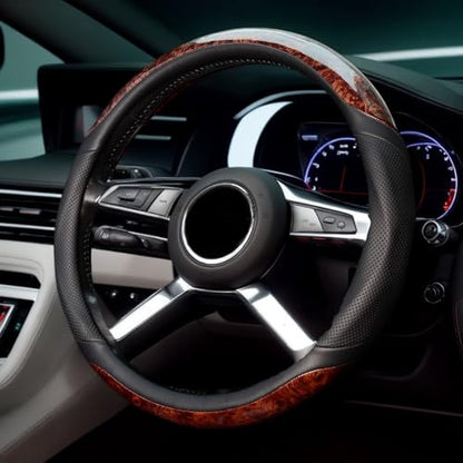 Wood Grain Steering Wheel Cover, Universal 14.5-15 inch Microfiber Leather Anti Slip Car Interior Accessories for Women Men, Black - color: Black