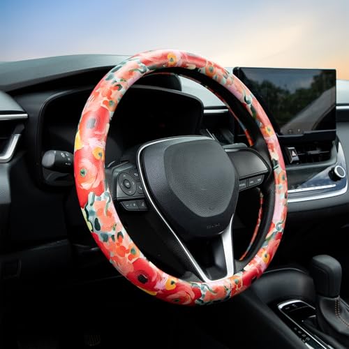Poppy Coral Pink Flowers Steering Wheel Cover Auto Jacquard Steering Wheel Protector, Anti-Slip, Breathable, Absorbing Sweat, Universal Car Accessories 14.5–15 inch,Fit for Most Car, Trucks, SUV - style: Poppy Coral Pink Flowers