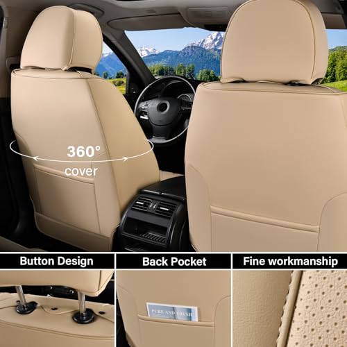 Coverado Car Seat Covers Full Set, Beige Seat Covers Front Seats Back Seat Covers, Nappa Leather Waterproof Car Seat Cover, Car Seat Cushion, Car Seat Protector Universal Fit Most Cars - color: Z-Beige, size: FullSet