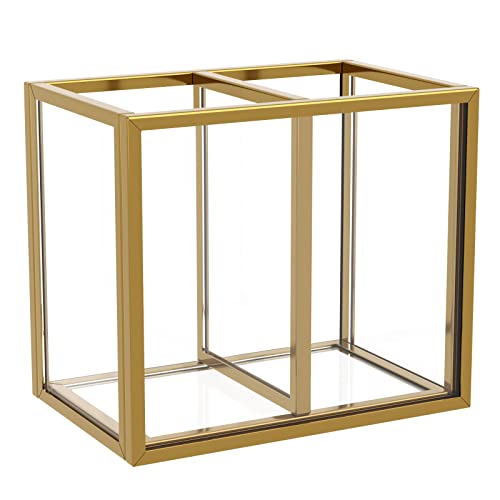 NIUBEE Gold Acrylic Pen Holder for Desk, Clear Pencil Cup Organizer Makeup Brush Holder, Acrylic Desk Organizers and Accessories for Desktop Office - 2 Compartments - color: Gold, size: 2 Cube