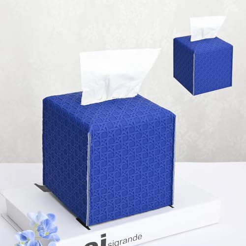 HOMOTEK 2 Pack Tissue Box Cover, Square PU Leather Tissue Holder, Decorative Facial Tissue Cube Paper Organizer Dispenser for Bathroom, Night Stands, Desk, Car 5X5X5'' - Rattan Weave,Blue - color: Blue, size: Rattan Weave