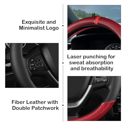 Black & Red Carbon Fiber Leather Steering Wheel Cover, 14.5-15 Inch Non-Slip Breathable Microfiber Leather Car Steering Wheel Protector for Men Women - color: Carbon Fiber - Black & Red