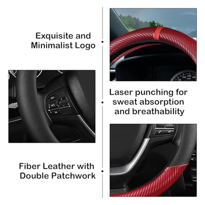 Black & Red Carbon Fiber Leather Steering Wheel Cover, 14.5-15 Inch Non-Slip Breathable Microfiber Leather Car Steering Wheel Protector for Men Women - color: Carbon Fiber - Black & Red