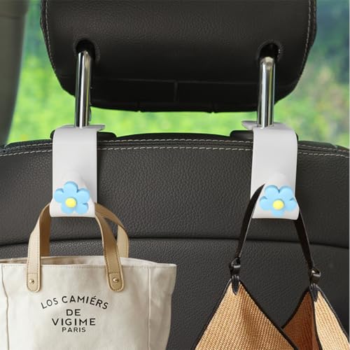 4 PCS Car Headrest Hook, Multifunctional Flower Vehicle Seat Back Storage Hook, Cute Automotive Seatback Organizer Hanger for Purse Grocery Bag Handbag, Universal Fit (Beige/Blue) - color: Beige/Blue