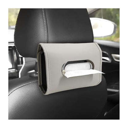 Car Tissue Holder, Premium Leather Rectangular Napkin Case Backseat Tissue Organizer, Classic Style Auto Headrest Storage Box Cover for Regular Size Tissues, Car Accessories (Gray)