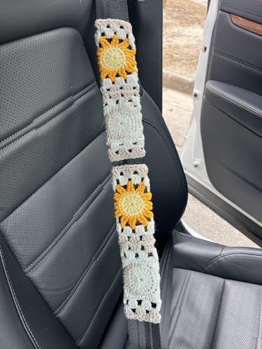 Handmade Crochet Sun Moon Car Steering Wheel Covers Universal 14-15 inch,Cute Steering Wheel Cover,Car Accessories (Wheel Cover+2belt Cover+2Coaster+Hanging) - color: wheel cover+2belt cover+2Coaster+hanging