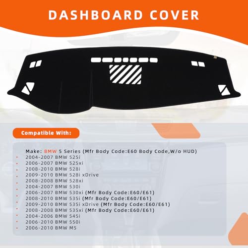 Dashboard Cover Dash Mat Fit for 2010-2004 B-MW 5 Series (E60 Body Code) 525i 525xi 528i 530i 535i 550i M5 (W/o HUD Models),Car Dash Board Mat Anti-Glare Carpet,Non-Slip Pad (Black) - color: Black, size: Fit 2004-2010 B-MW 5 Series - (Black)
