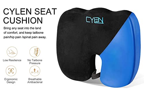 CYLEN Home Office Seat Cushion - Comfort Memory Foam Chair Cushion with Cooling Gel Infused for Tailbone, Coccyx, Back & Sciatica Pain Relief (Black-Blue) - color: Black-blue