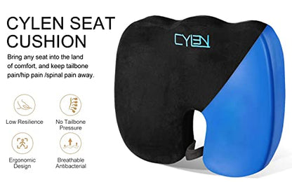 CYLEN Home Office Seat Cushion - Comfort Memory Foam Chair Cushion with Cooling Gel Infused for Tailbone, Coccyx, Back & Sciatica Pain Relief (Black-Blue) - color: Black-blue