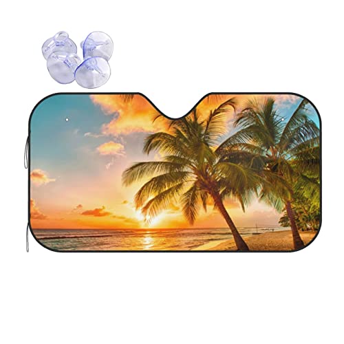 Tropical Island Blue Sky Beach Coconut Tree Sea Windshield Sun Shade Front Protector Folding Car Sun Visor Blocks Uv Rays Keeps Your Vehicle Cool - color: Tropical Island Blue Sky Beach Coconut Tree Sea