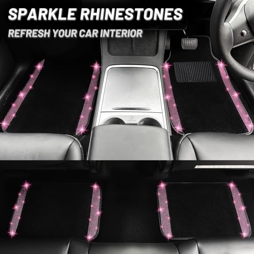 NBTEPEM 12 Pcs Bling Car Accessories Set for Women Car Floor Mats Full Set Steering Wheel Cover Seat Belt Covers Coasters Universal Fit Car SUV Truck Van Pink