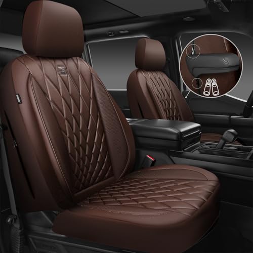 CAR PASS Piping Luxury Faux PU Leather Two Front Car Seat Covers, Waterproof Anti Slip Seat Covers Compatible with Front Seat Armrests,Universal Fit for Suvs,Vans,Trucks,Airbag Compatible, All Brown - color: Brown, size: Two Front